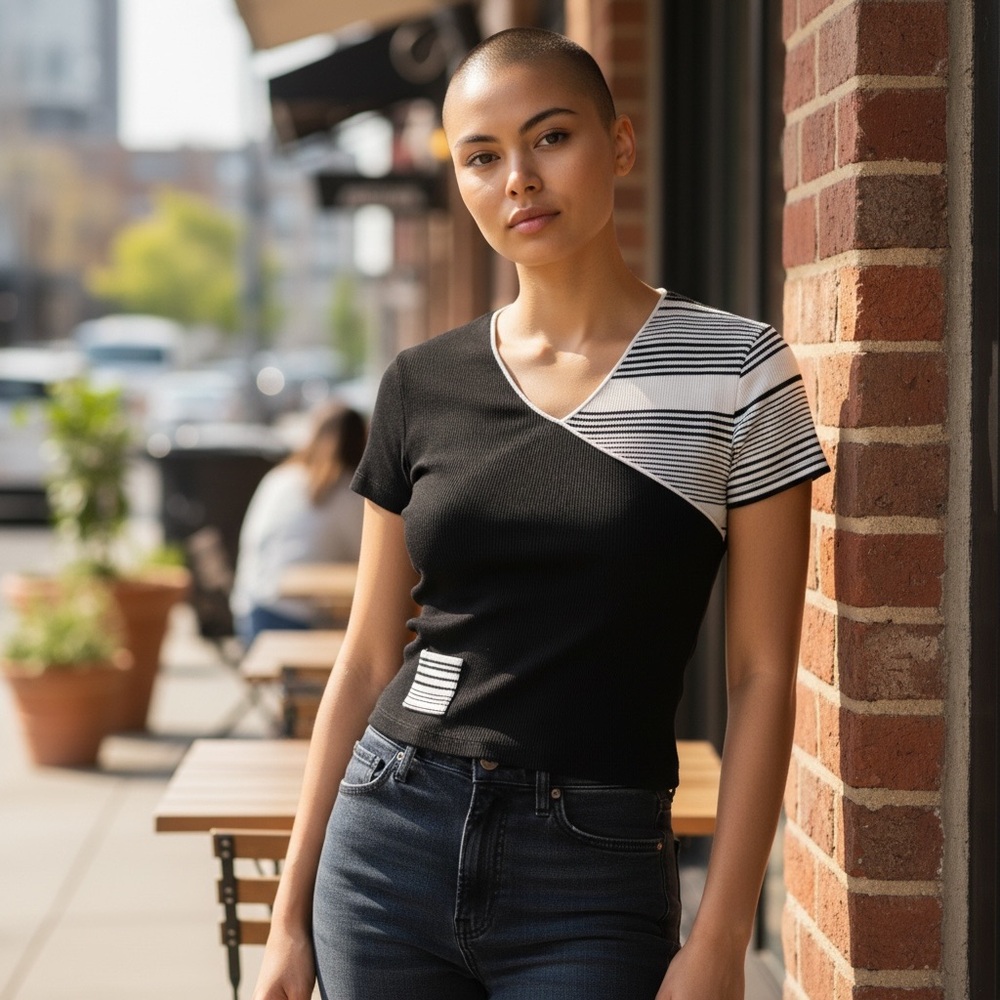 Cyrus Black and White V-neck Knit Top Size Medium